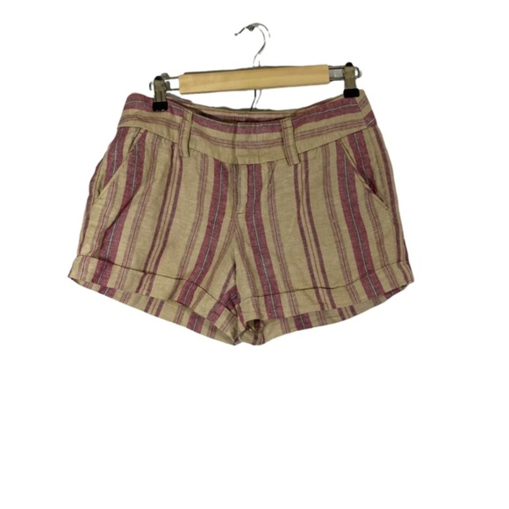 Loft Linen Blend Cuffed Shorts Tan Pink‎ Stripe Pockets Size 2